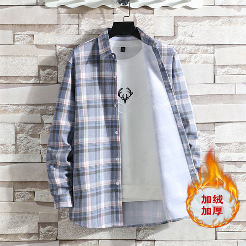 Men's Warm Winter Checkered Fleece Padded Long-Sleeve Shirt with Hong Kong Style Youth Student Casual Jacket