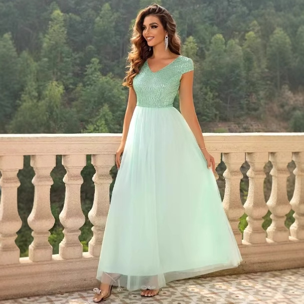 Sequin Mesh Evening Dress Sexy Prom dress Elegant Long Dress A- Line Wedding Extra Long Dress