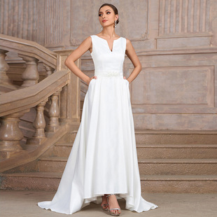 2025 Cross-border White V-neck Sleeveless Large Pendulum Ladies Formal Dinner Dress (Heavy Industry)