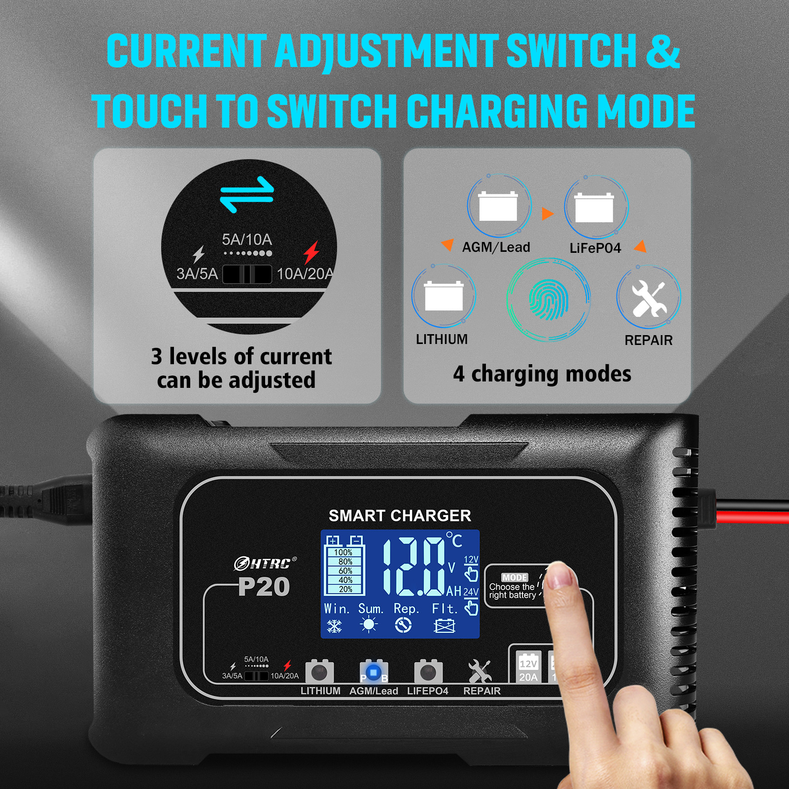 P20自動車オートバイバッテリー充電器12V20A24V10A鉛蓄電池AGM充電器HTRC