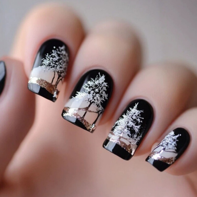 Winter snow scene tree design false nails, black and white light luxury snowfall nail patches, Christmas manicure wearable nails wholesale Winter snow scene tree design false nails, black and white light luxury snowfall nail patches, Christmas manicure wearable nails wholesale