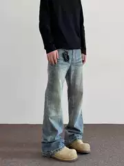American High Street Cleanfit Cat Whisker Slub Texture Washed Jeans Trendy Spring Autumn Straight Micro Flare Vibe Long Pants