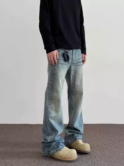 American High Street Cleanfit Cat Whisker Slub Texture Washed Jeans Trendy Spring Autumn Straight Micro Flare Vibe Long Pants