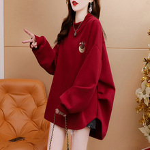 本命年红色卫衣女秋冬韩版宽松显瘦加绒加厚中长款设计感上衣服潮