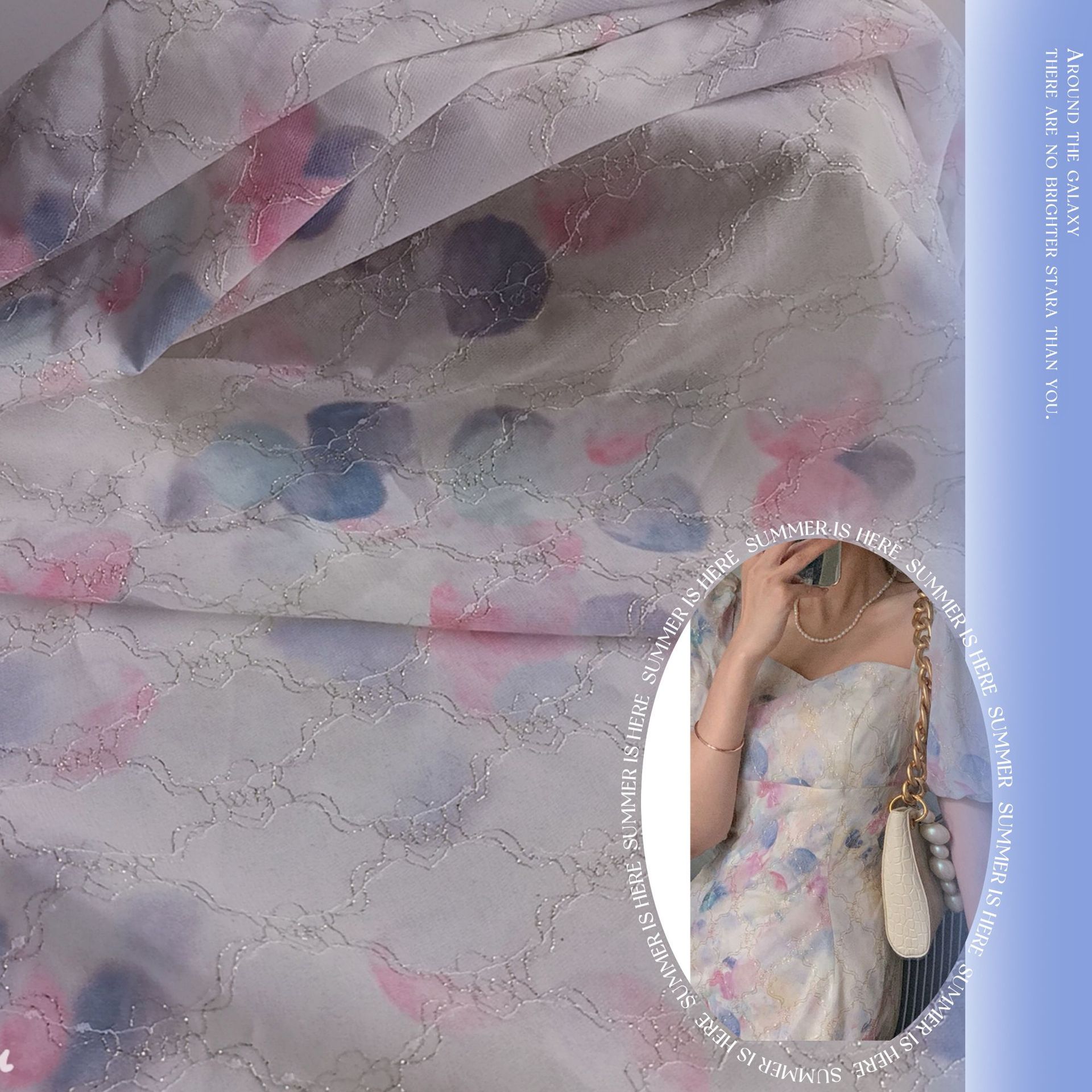 现货供应~秋季新款无弹雪纺大圆圈印花复合金丝提花网纱 裙装面料