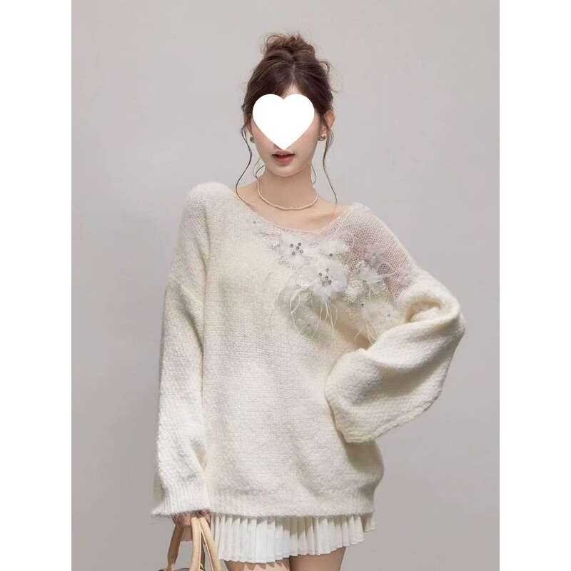 Women's mohair pullover knit sweater with rhinestone floral design, 2026 spring new style, loose fit, youthful and fashionable top Women's mohair pullover knit sweater with rhinestone floral design, 2026 spring new style, loose fit, youthful and fashionable top