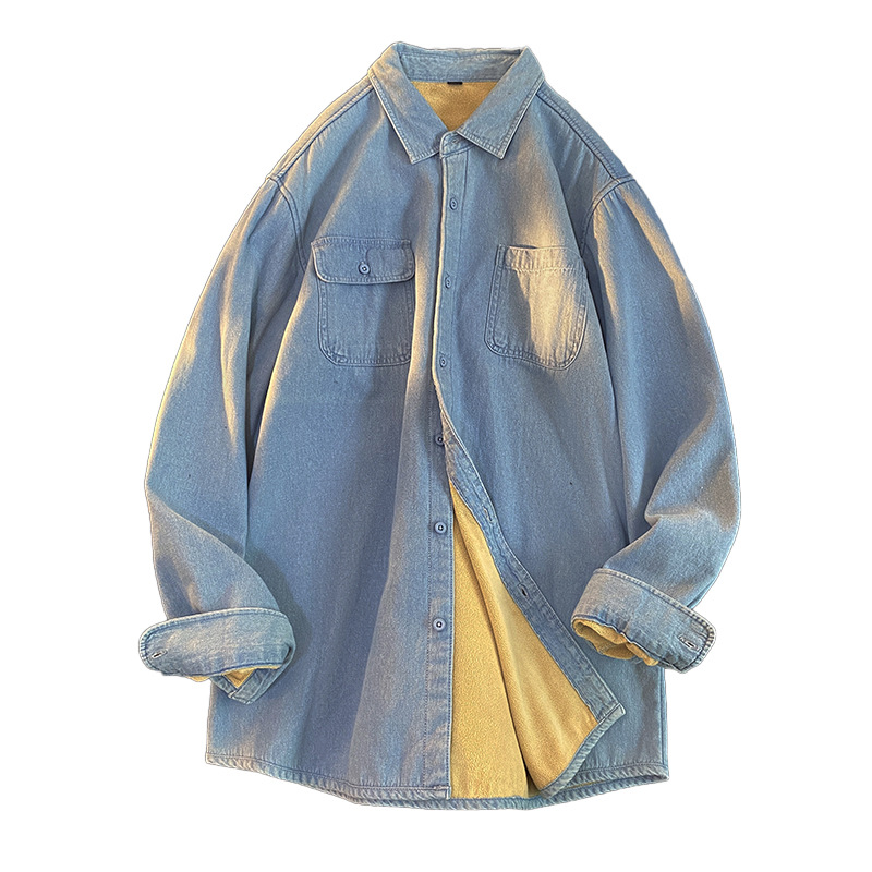 Dickes Jeanshemd mit zusätzlichem Fleece für Männer, 2024 Winter neuer koreanischer Stil trendige lockere Passform, untere Schicht, lange Ärmel_voghion.com