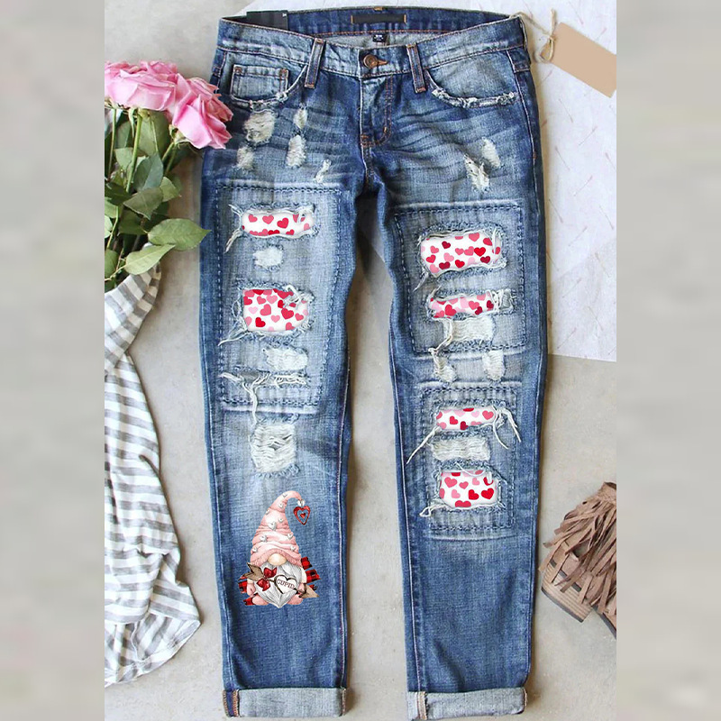 2023 Factory Direct Sales European and American cross-border new Valentine's Day printed ripped mid-waist straight women's jeans