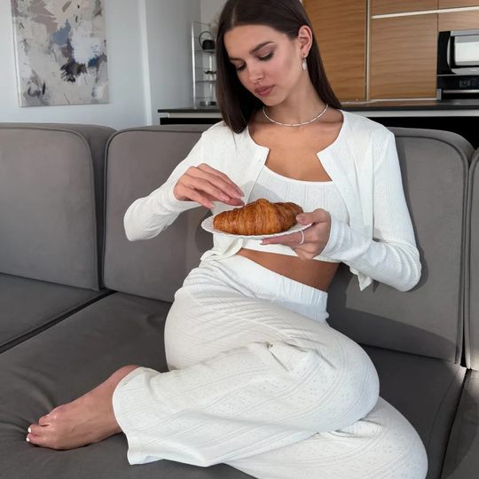 Cross-border Foreign Trade Navel Knitted Cotton Jacquard Long Sleeve Trousers Cardigan Three-piece Hot Girl Women's Pajamas Home Clothes