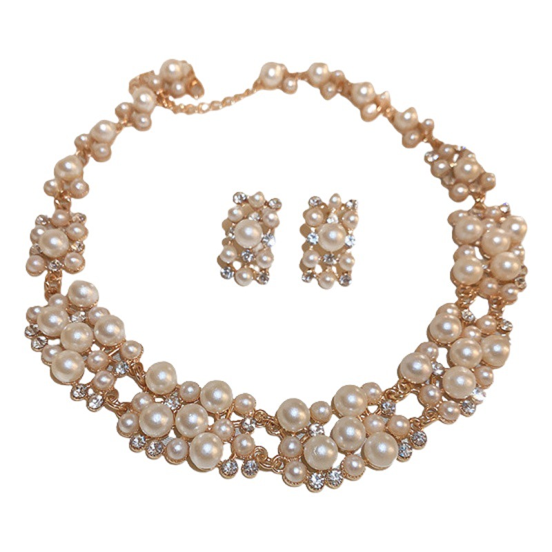 Diamante perla rectangular Stud pendientes collar de dos piezas francés estilo corte retro collar de lujo de alta calidad