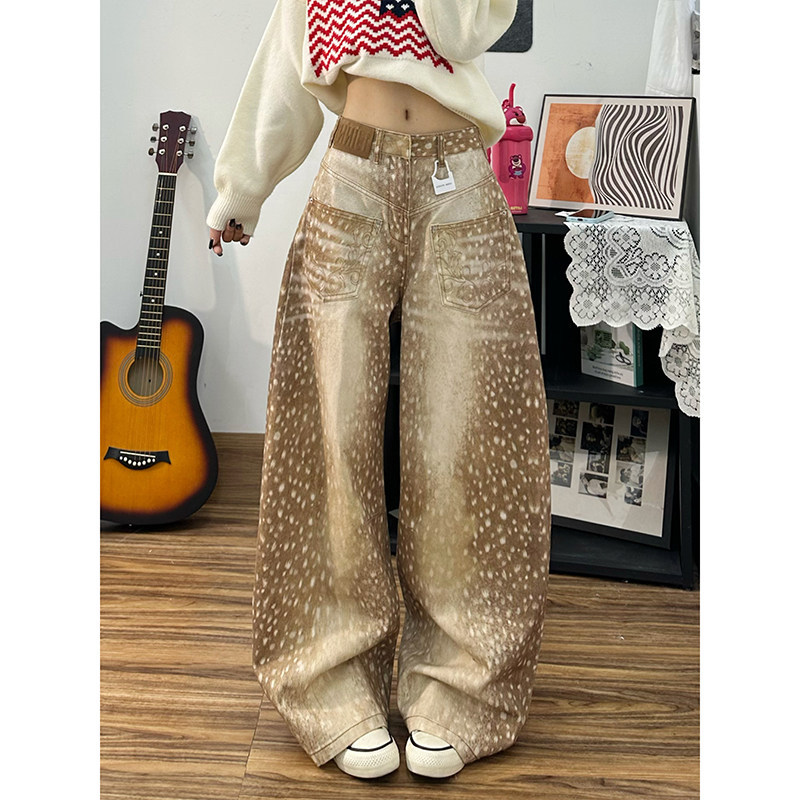 Women's Clothing Women's Retro Deer Print Wide Leg Jeans Loose Fit Floor Length Spring Style For Formal & Casual For Women_voghion.com