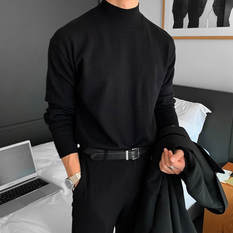 轻熟风秋冬半高领毛衣男韩版宽松休闲纯色中领针织打底衫长袖内搭