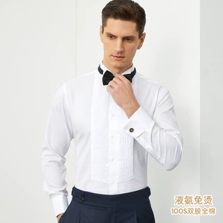 100S纯棉男士翼领法式袖扣衬衫春季新款男装宴会礼服白色衬衣现货