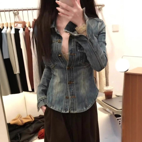 Retro Blue Polo Collar Elastic Denim Shirt for Women - Winter High-End Fitted Slimming Overshirt