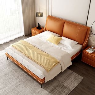 Vintage Leather Double Queen Bed 1.5 m 1.8 m Bedroom Bed Modern Simple Home Master Bedroom Second Bedroom New Leather Bed