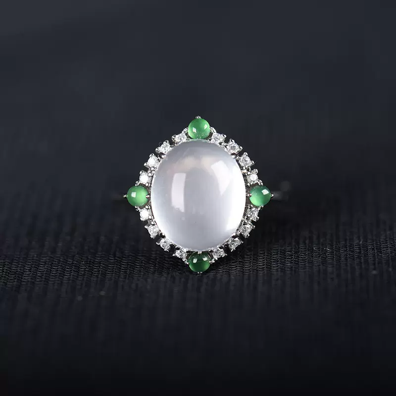 天然水晶冰透5A级戒指 高奢冰种翡翠帝王绿镶钻指环