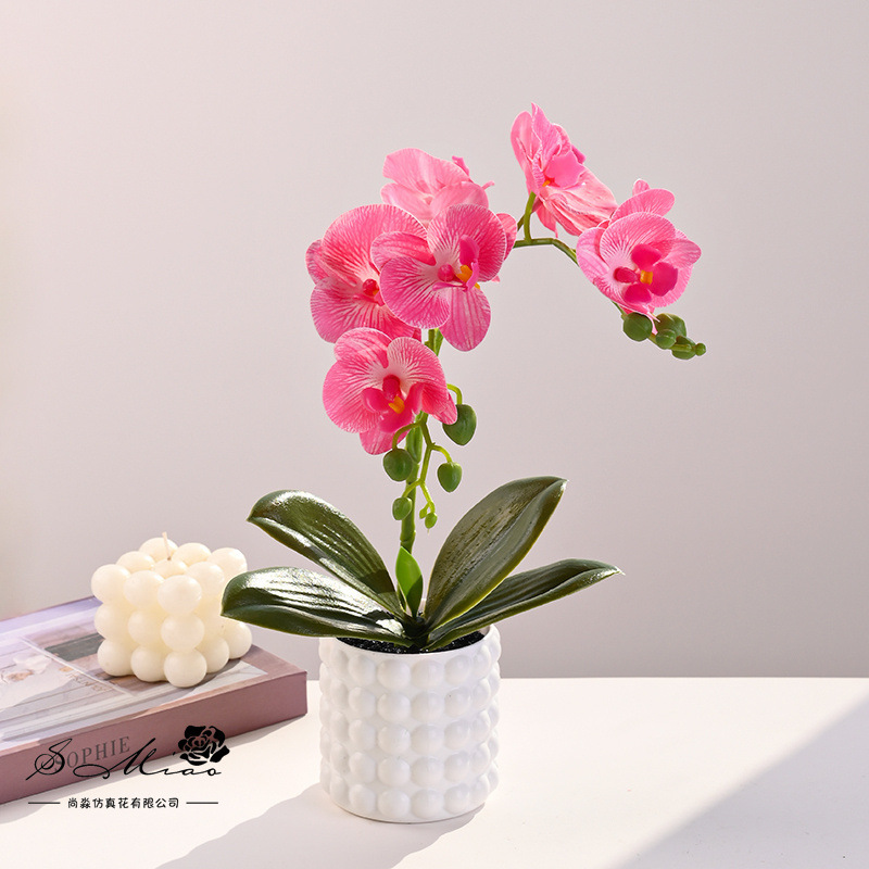 Flores artificiales con hojas, bonsái de orquídea mariposa de tacto real, pequeños adornos de decoración de interiores, suministro directo del fabricante, plantas verdes artificiales, plantas en maceta simuladas image 9