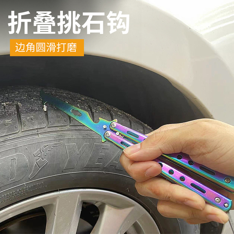 Fábrica al por mayor de acero inoxidable plegable neumático de coche gancho de limpieza de piedra gancho de excavación de piedra herramienta de recolección de piedra cuchillo de práctica de hoja sin abrir
