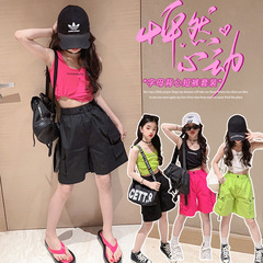 Summer 2024 New Style Cute Girl Tank Top Set for Girls, Sleeveless Top and Large Children's Athletic Work Pants, Two-Piece Set