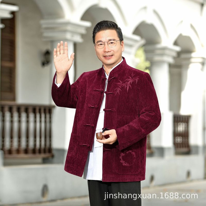 唐装秋季夹克老年刺绣长袖唐装夹克套装高品质休闲爸爸装老人衣服|undefined