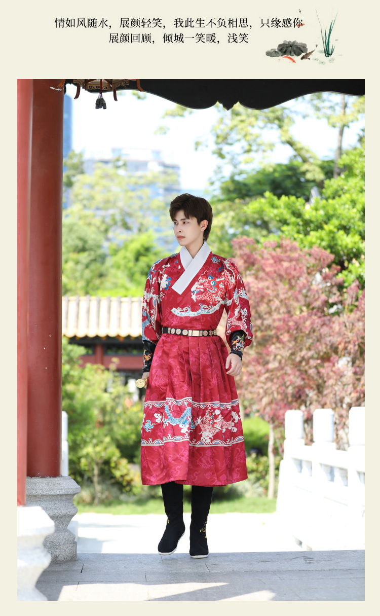 商品详情图_秋冬新款大码武侠风男女可穿明朝飞鱼服酒红色龙纹锦