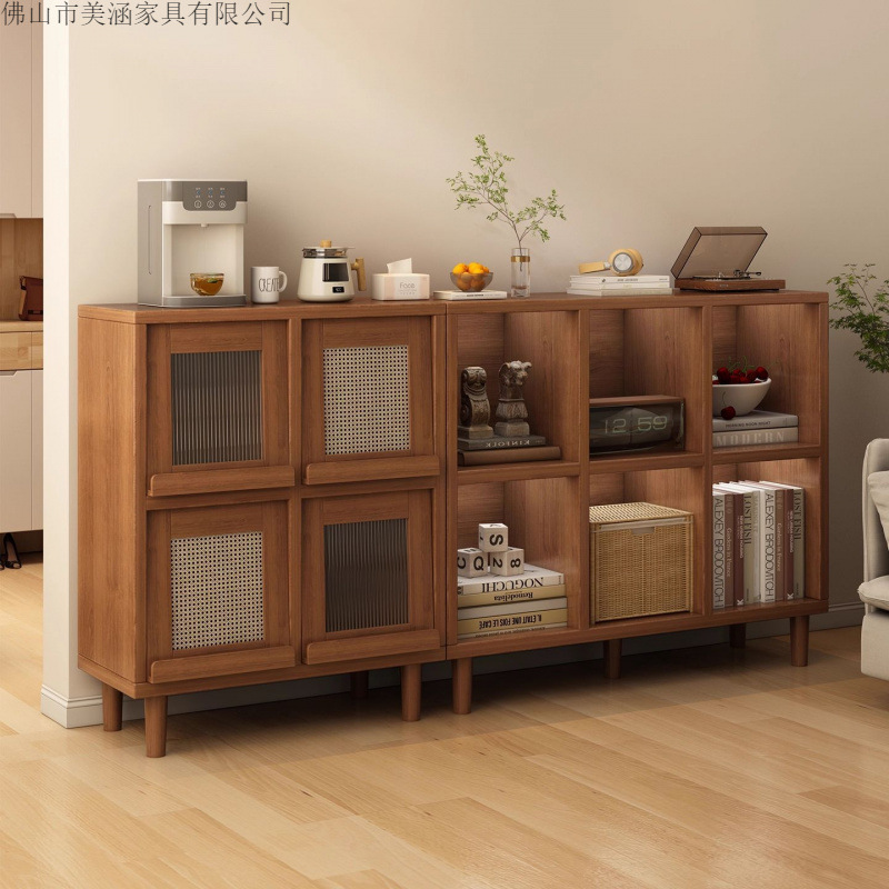 Solid Wood Sideboard Living Room Tea Cabinet Storage Cabinet Walnut Color Grid Cabinet Sofa Side Cabinet Wall-To-Ceiling Storage Cabinet