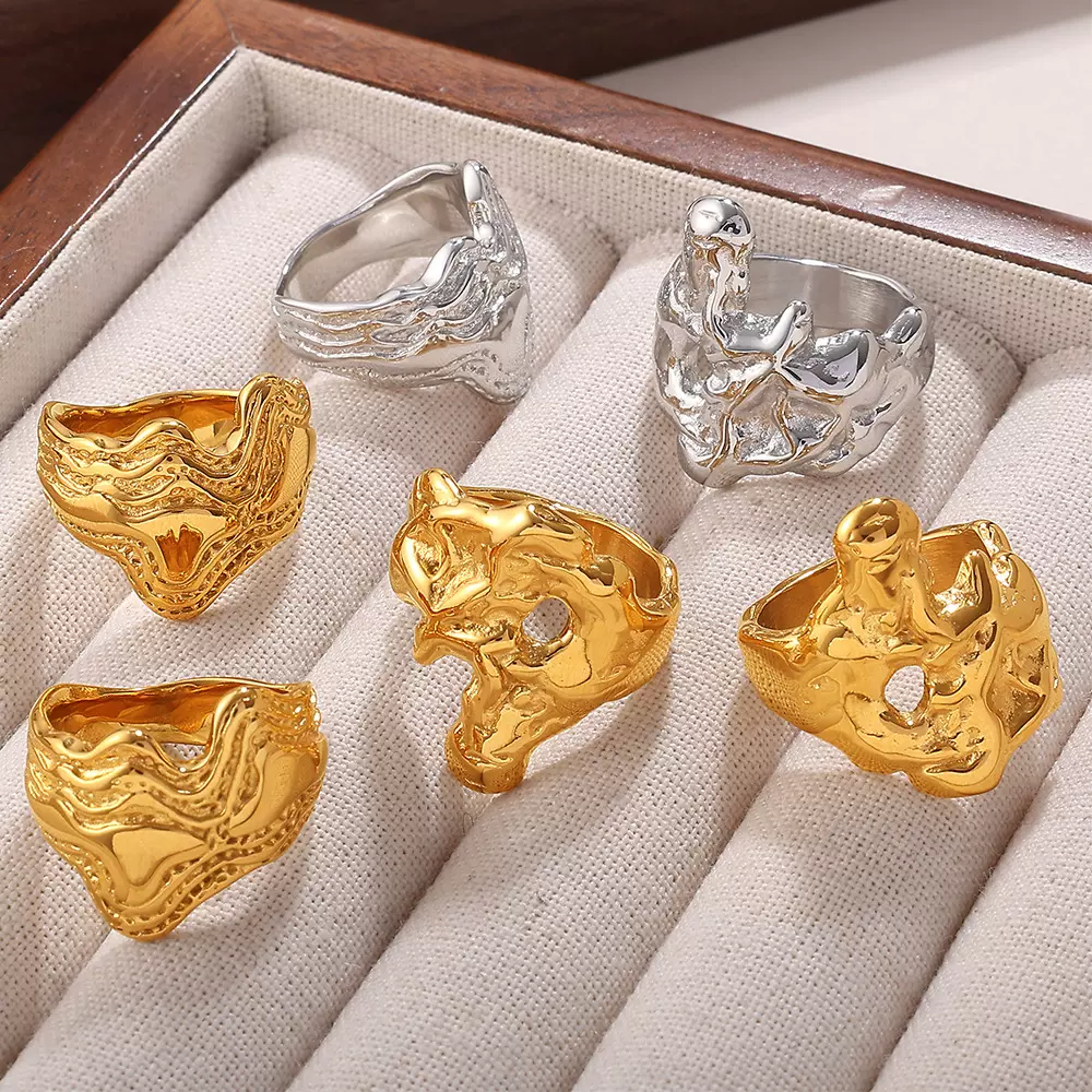 欧美时尚跨境夸张风不规则设计戒指不掉色镀18K金男女款百搭戒指