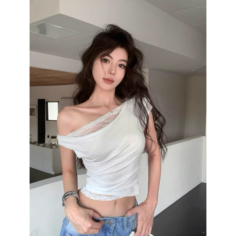 【Colorful Cotton Ribbed】Summer Lace Patchwork White Off-Shoulder Short-Sleeve T-Shirt Slim Fit Ruched Cropped Top 【Colorful Cotton Ribbed】Summer Lace Patchwork White Off-Shoulder Short-Sleeve T-Shirt Slim Fit Ruched Cropped Top
