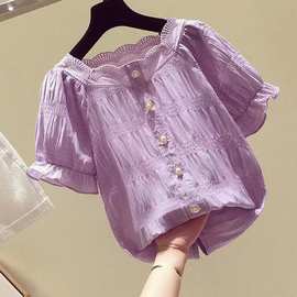 紫色雪纺衫女短袖2021新款夏季韩版宽松甜美洋气小衫娃娃显瘦上衣