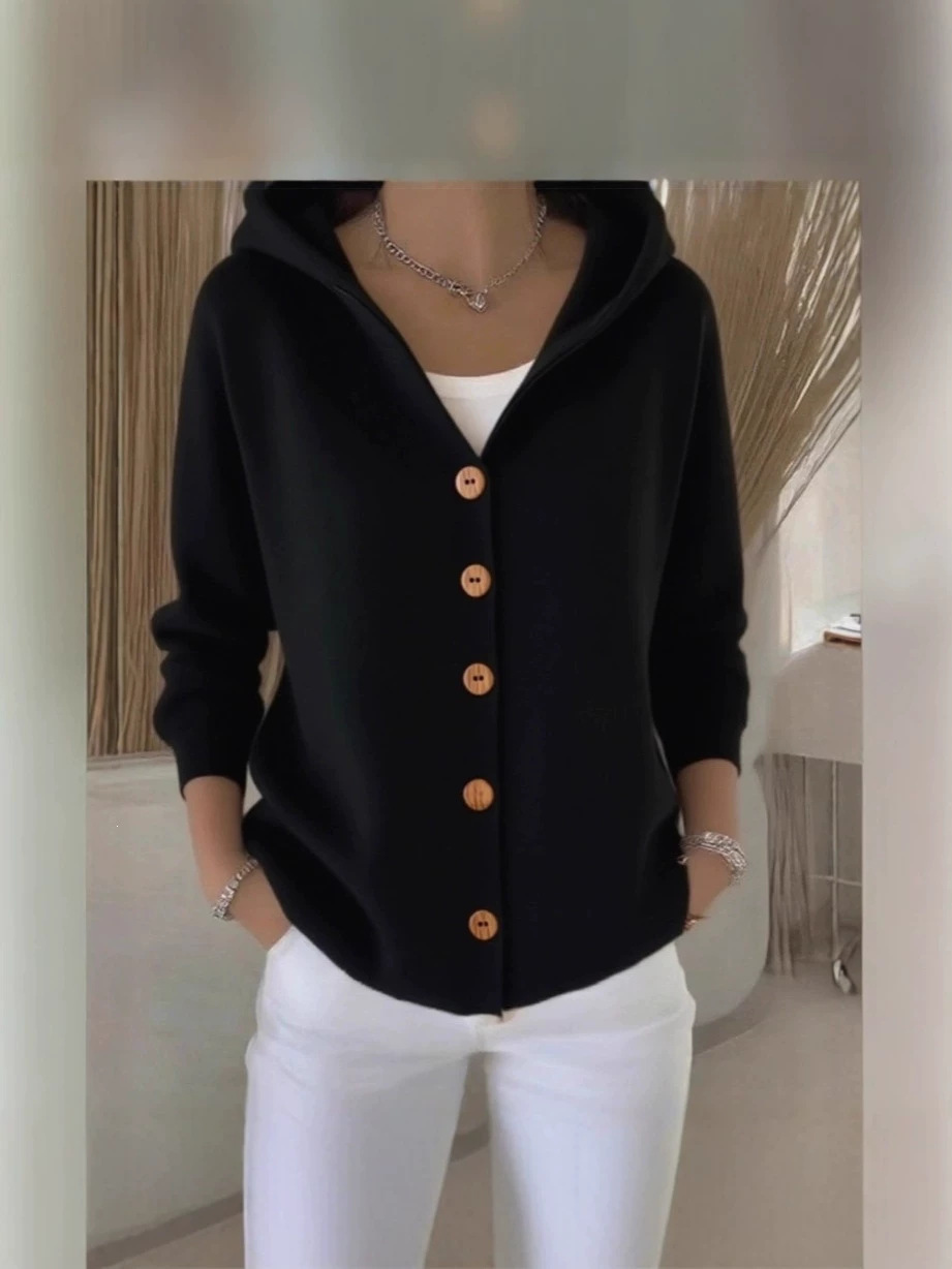 2025 Europa y los Estados Unidos botones de punto con capuchón suéter cardigan nuevo otoño y invierno transfronterizo de color sólido casual moda de mujer