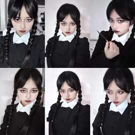 星期三 亚当斯一家假发女 动漫cosplay黑色双马尾麻花辫子假发