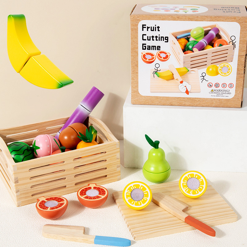 Caja de madera para niños, frutas y verduras, cortar música, jugar a la casa, juguetes, marco de madera de simulación de roble, verduras y frutas, ver