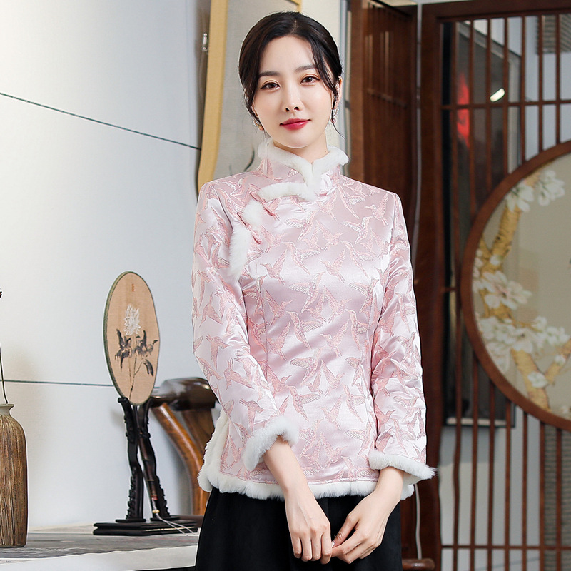 2023秋冬款提花棉兔毛夹棉修身改良少女旗袍上衣唐装10519