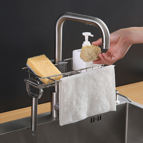Kitchen faucet storage rack stainless steel sink storage rack household sponge rag dishcloth drain rack hanging basket