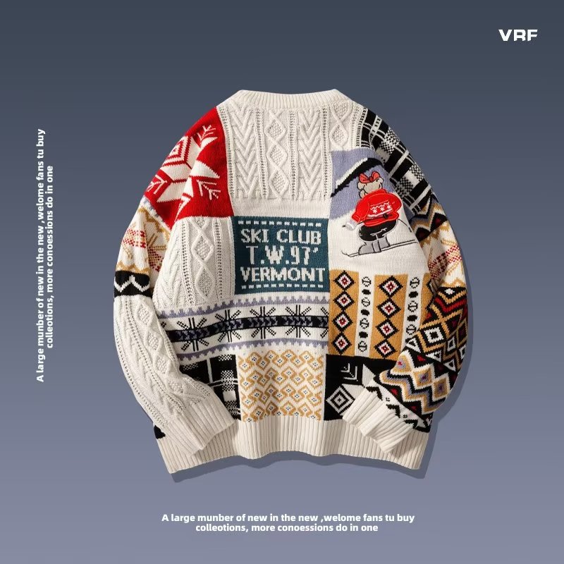 2024 otoño y invierno Harajuku estilo de color medio cuello camiseta de punto hombre marca de moda retro suéter de pareja flojo