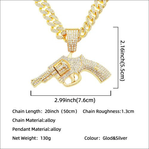 Personal cool Wish hip-hop full diamond gun pendant cuban chain necklace trendsetter night club street dance motorcycle wear match accessory