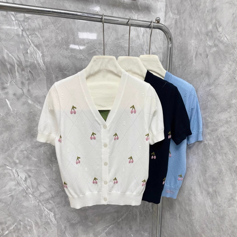 Haute Couture g Home Cherry Embroidered Tencel V-Neck Knitted Cardigan 2025 Summer New Elegant Thin Top for Women