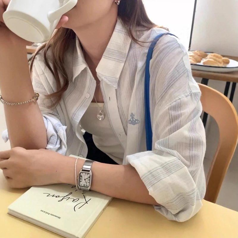 Mrs. Xi's Saturn Embroidery Vertical Stripe Shirt for Women, Mid-Length, Loose-Fitting, Long-Sleeved, Sun-Protective Outerwear, Fashionable Shirt