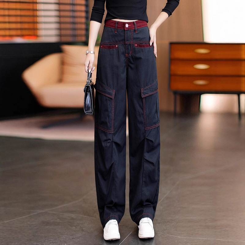 Contrast Color Workwear Denim Wide-Leg Pants 2025 Autumn and Winter New Fashion High-Waist Slimming Loose Fleece-Lined Straight Pants Trendy
