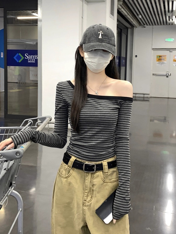 美式辣妹条纹一字肩斜肩长袖T恤女早秋内搭修身miu系露肩打底上衣|undefined