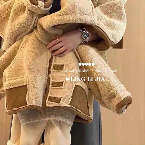 Ningli children's suede reversible coat winter girls Korean style thickened warm fur one-piece hooded coat trendy