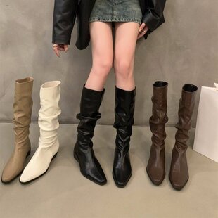 Pleated pile long boots for women 2023 autumn and winter New pointed toe mid heel high Knight boots thick heel thin Western boots
