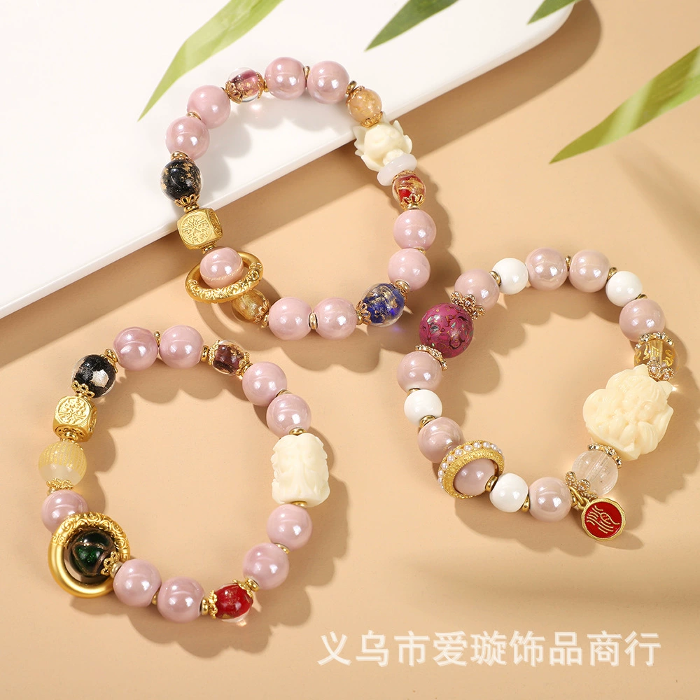 Китайский браслет из серого стекла Bejing Yonghe Xiang Jixiang, большого лакированного бисера Цзяо Фенцзю, фарфоровая розовая лента, ферогаванец, транспортировка керамический резной браслет