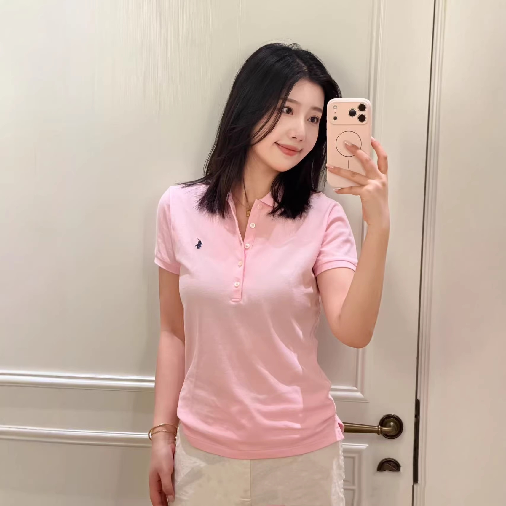 可扫码RL拉夫小马标刺绣五扣翻领短袖女简约休闲上衣t恤春季新款