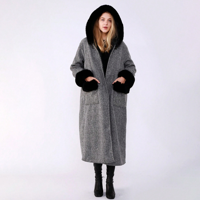 Hooded Robe with a Fleece-Lined Shawl Cape, High-End Stylish Cape, Rex Rabbit Fur Knit Cardigan, Faux Mink