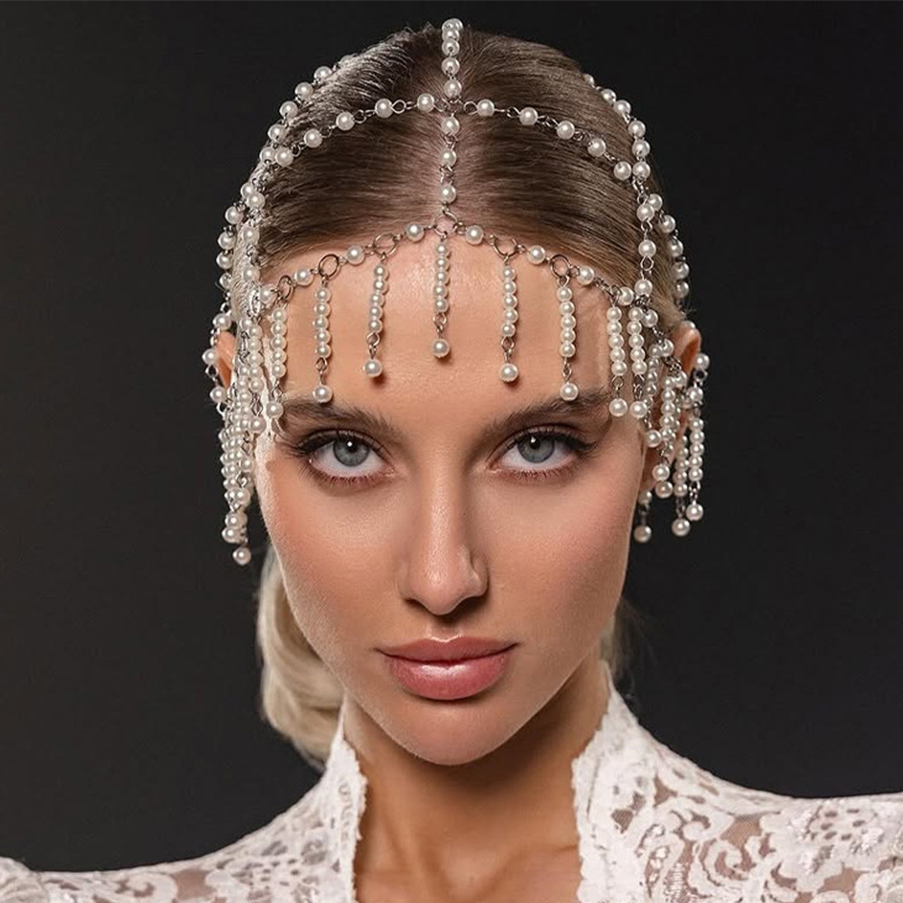 New Style Pearl Headwear European and American Fashion Mesh Hair Accessories Bridal Tassel Hat Banquet Hair Chain Hair Chain
