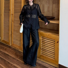 上新2025秋复古气质真丝欧根纱内里拼接蕾丝上衣单穿内搭都可小衫