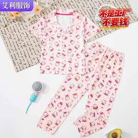 跨境外贸批发女童睡衣两件套卡通印花翻领短袖长裤欧美家居服套装