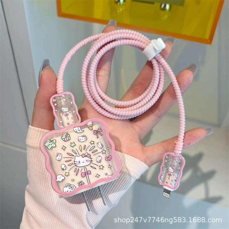 Зарядное устройство 20W и зарядной кабель с витками (Hello Kitty) для iPhone 14, защитная спираль, набор из 4 шт.