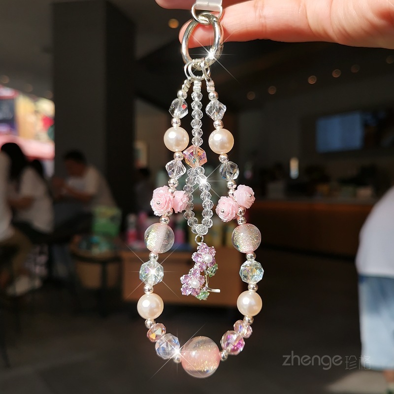 玫瑰珠花手机链水晶挂件女ins超好看精致高级感串珠链饰手腕带子|undefined